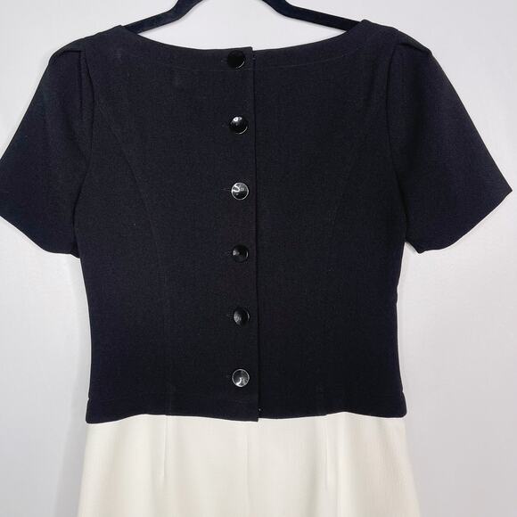 White House Black Market 0 Black Cream Colorblock Button Back Dress Short Sleeve - Picture 5 of 10